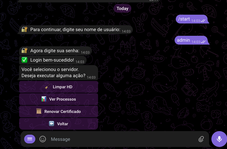 Screenshot do Bot InfraCtrl no Telegram